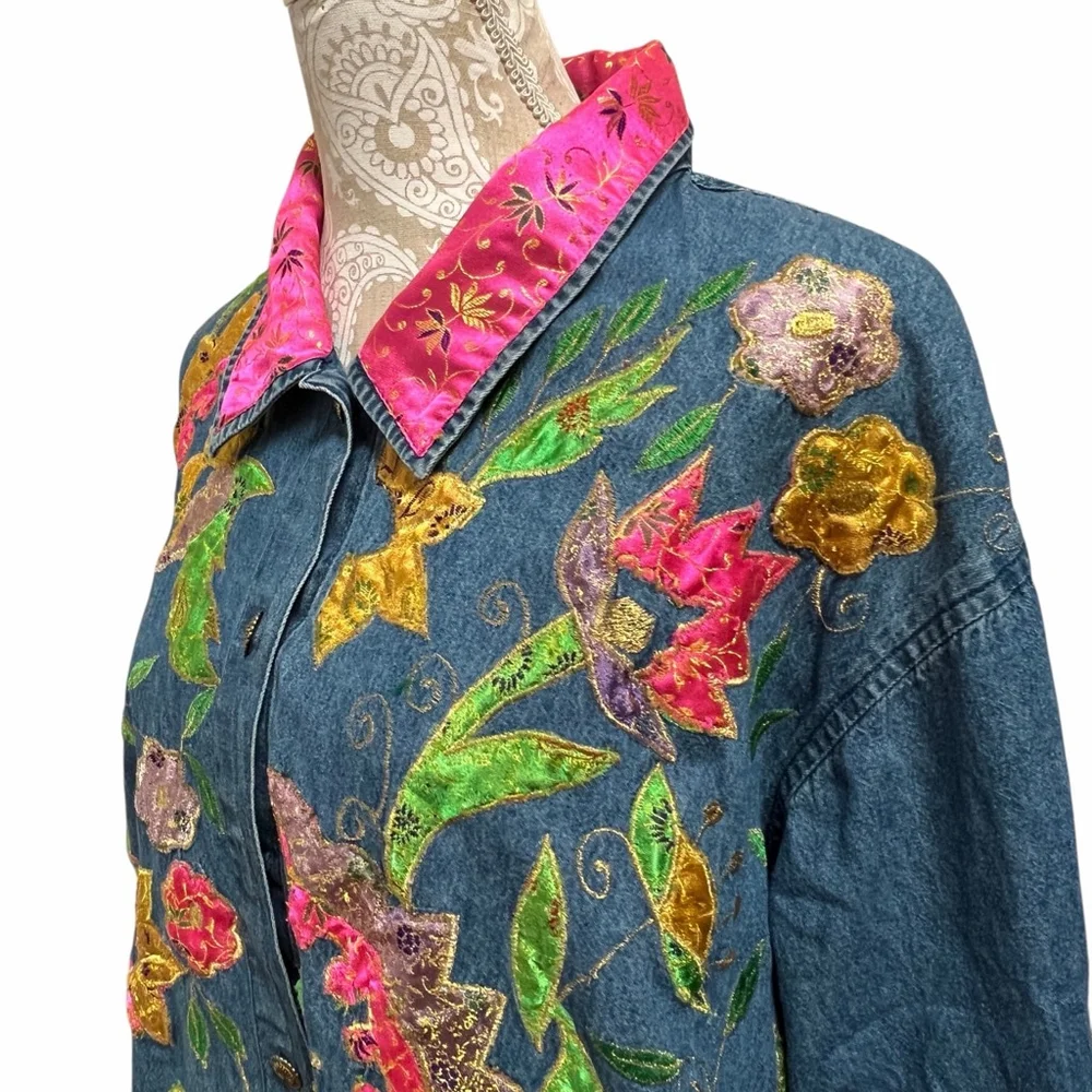 Carolina Blues Plus Denim Jacket 20W Embroidered Floral Boho Pink Collar - Picture 16 of 16